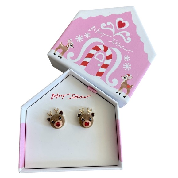 Betsey Johnson Gold Tone & Brown Felt Reindeer Button Stud Earrings Crystal NIB - Picture 2 of 3
